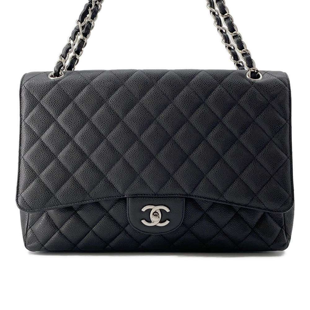 Chanel Matelasse 30 Big Single Flap Caviar Double Chain Bag Black